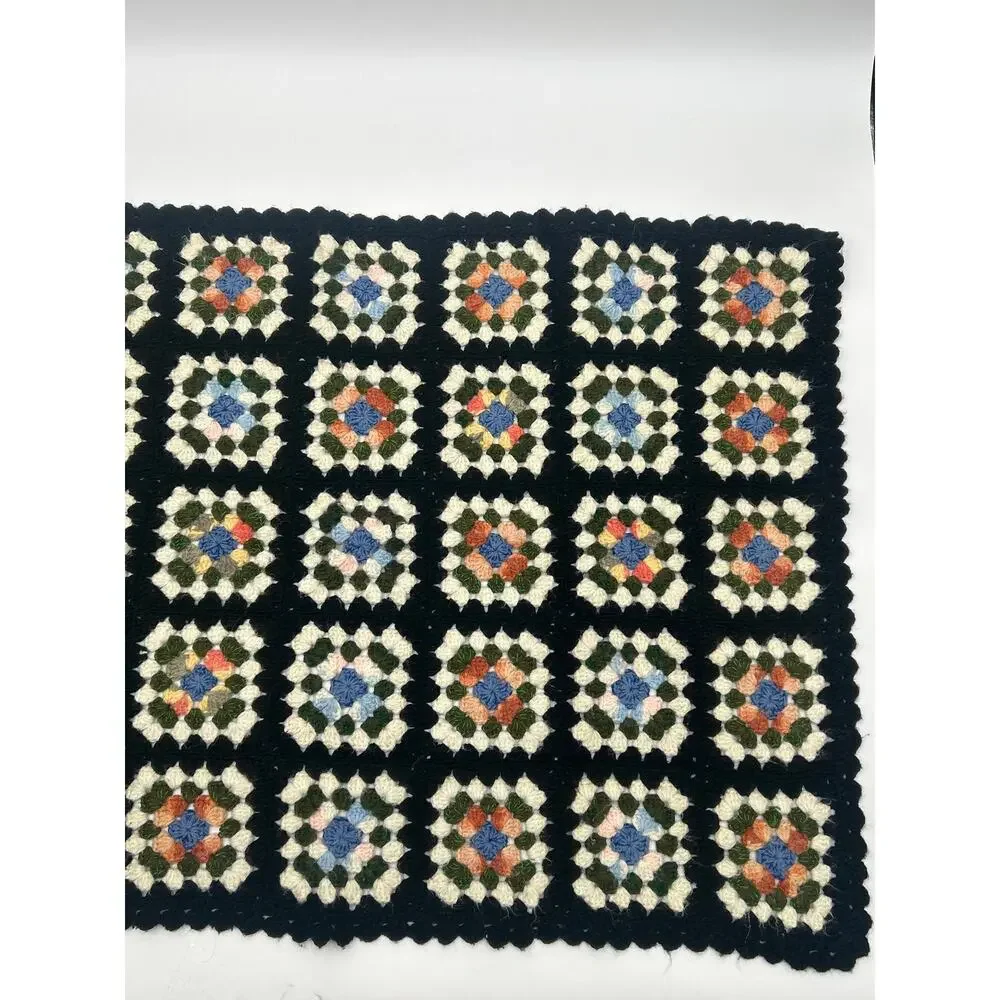 Vintage Crochet Granny Square Afghan Throw Blanket Black Multicolor 39x31 Boho